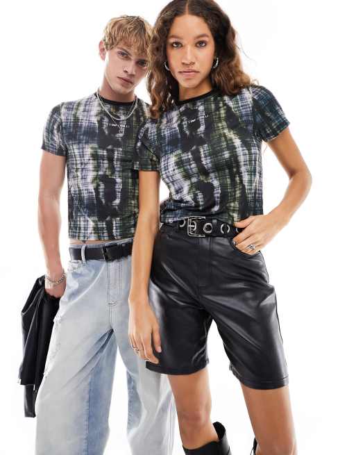 COLLUSION Unisex - Multifarvet ringer-t-shirt med forvrænget print i Slim Fit