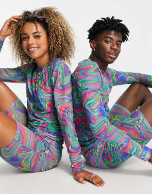 Collusion Unisex Muscle Fit Long Sleeve Mesh T-shirt In All Over Print - Part Of A Set-multi