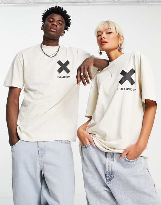 COLLUSION Unisex – Naturvit t-shirt av bomull med logga - WHITE, 4 av 4