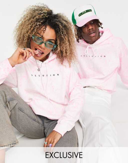 COLLUSION Unisex neon pink spray wash hoodie with spaced logo | ASOS