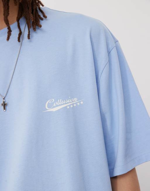 COLLUSION Unisex – Niebieski T-shirt o kroju skater z nadrukiem, 2 z 4
