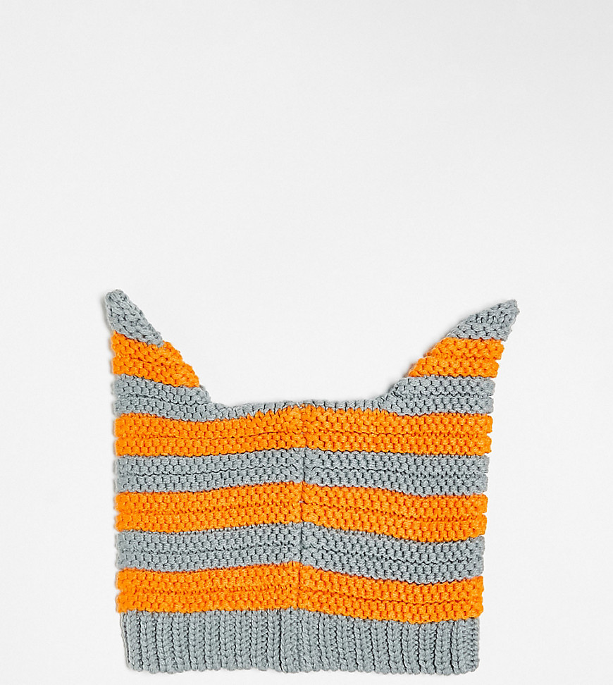 COLLUSION Unisex novelty beanie with ears in orange and grey stripe-Multi
