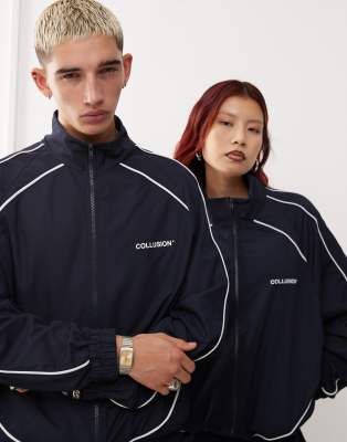 COLLUSION Unisex nylon jacket with contrast seam and print co-ord in navy-Blue