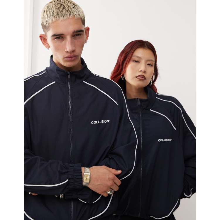 COLLUSION Unisex Nylon Jacket with Contrast Seam and Print in Navy Part of A Set Blue