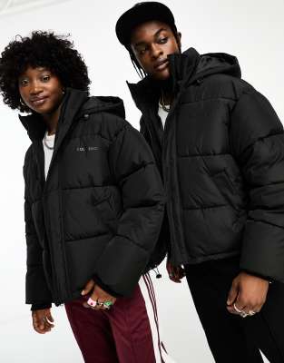 Collusion Unisex Nylon Puffer Jacket With Branding In Black