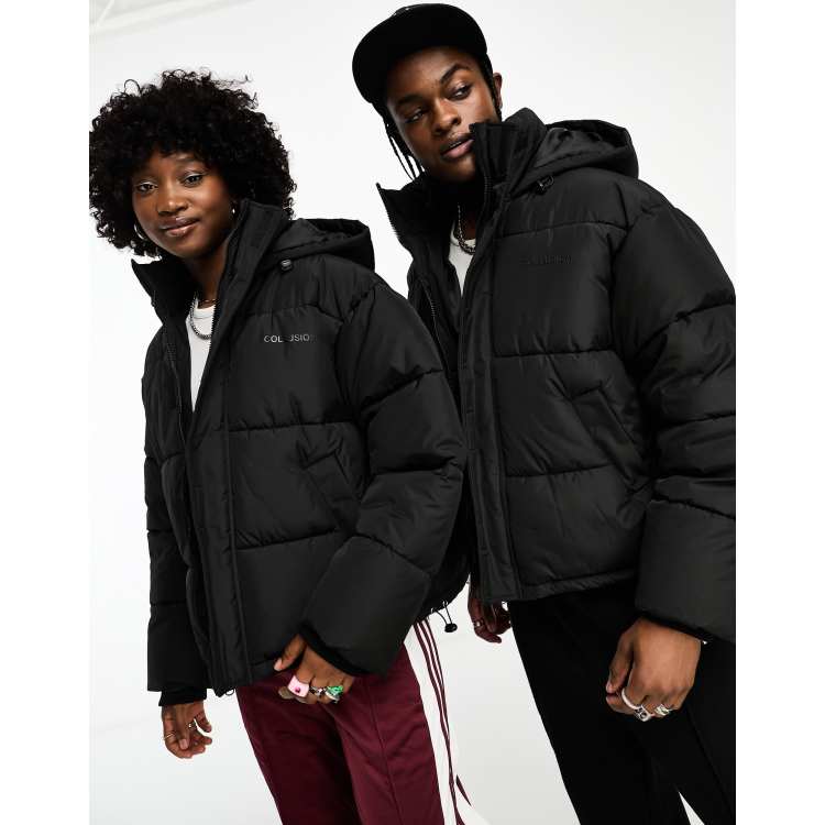 COLLUSION Unisex nylon puffer jacket with branding in black ASOS