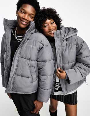 COLLUSION Unisex nylon puffer jacket with branding in charcoal