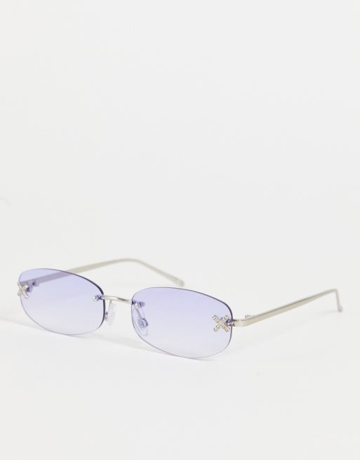 COLLUSION Unisex - Occhiali da sole senza bordo argento con logo in strass