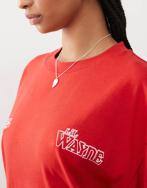 COLLUSION Unisex Official Lil Wayne back graphic skater t-shirt in red, 3 of 4