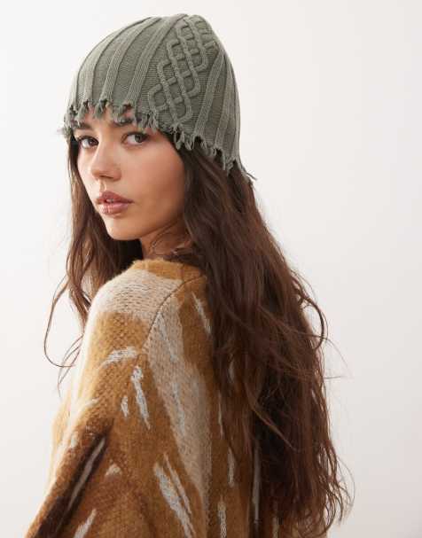 COLLUSION Unisex – Oliwkowa czapka beanie z dzianiny o warkoczowym splocie z nieobszytym brzegiem i efektem sprania - view 1