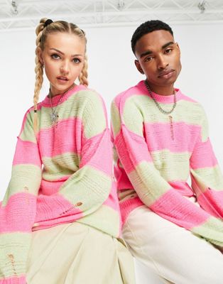 COLLUSION Unisex open knit oversized jumper in green and pink