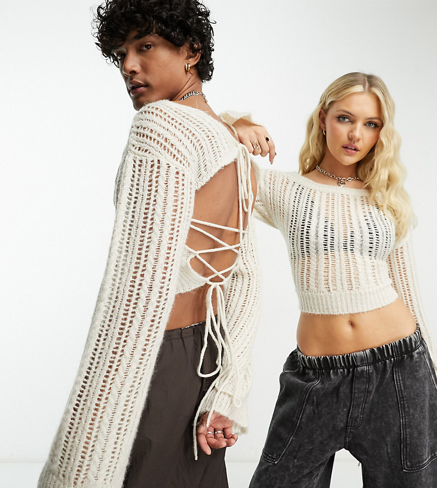 COLLUSION Unisex open stitch backless jumper in white