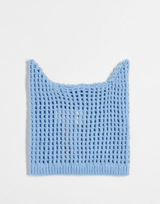 COLLUSION Unisex open stitch knitted beanie with ears in blue