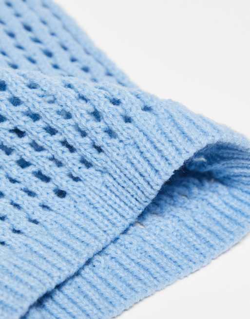 COLLUSION Unisex open stitch knitted beanie with ears in blue, 3 of 4