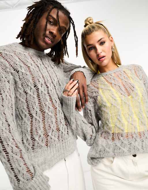 COLLUSION Unisex open stitch knitted cable crew neck jumper in light grey