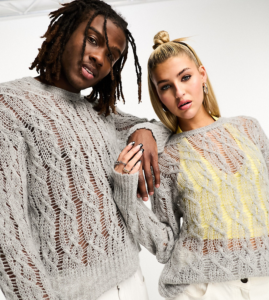 COLLUSION Unisex open stitch knitted cable crewneck in light grey