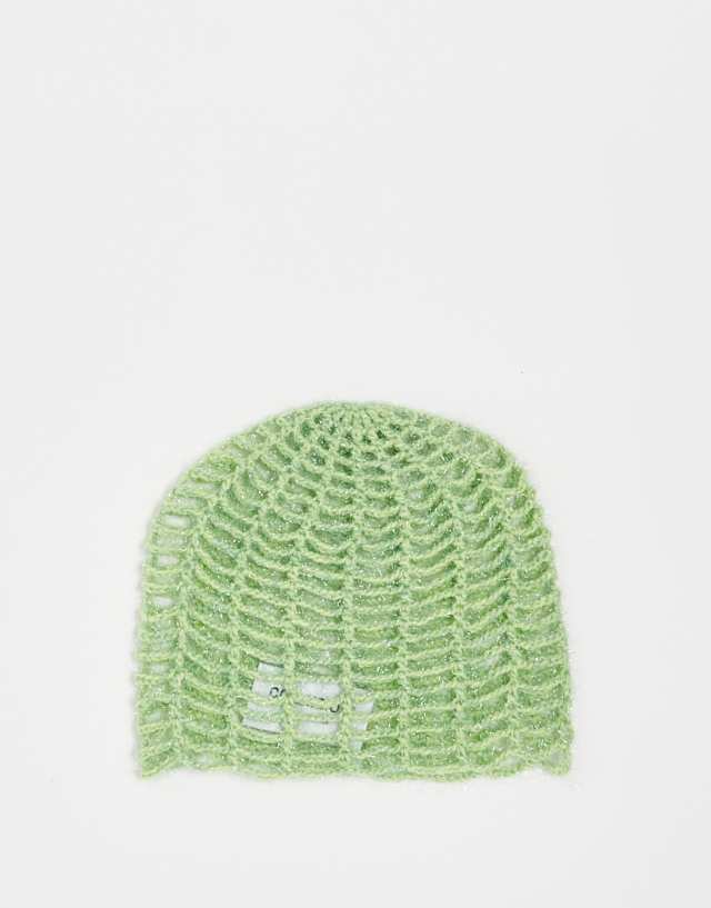 COLLUSION Unisex open weave festival glitter beanie in green