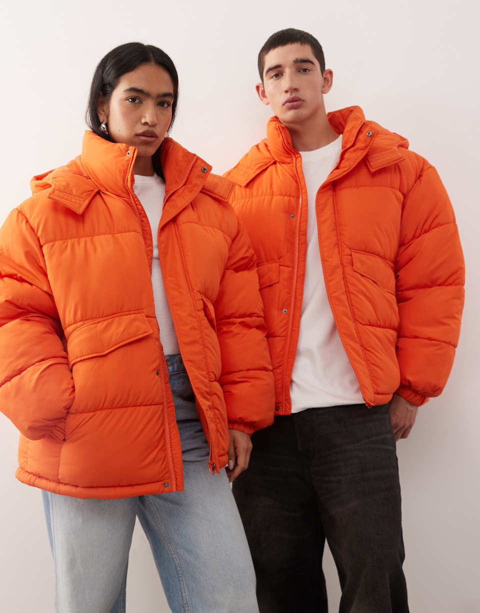 Orange hooded denim jacket