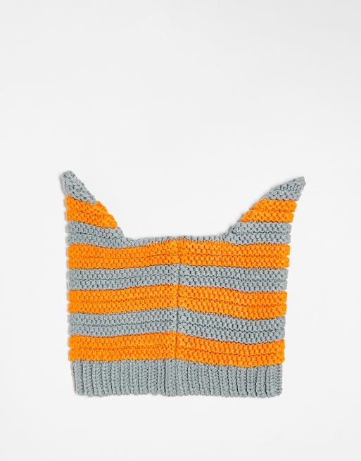 COLLUSION - Unisex - Orange og grå stribet sjov hue med ører