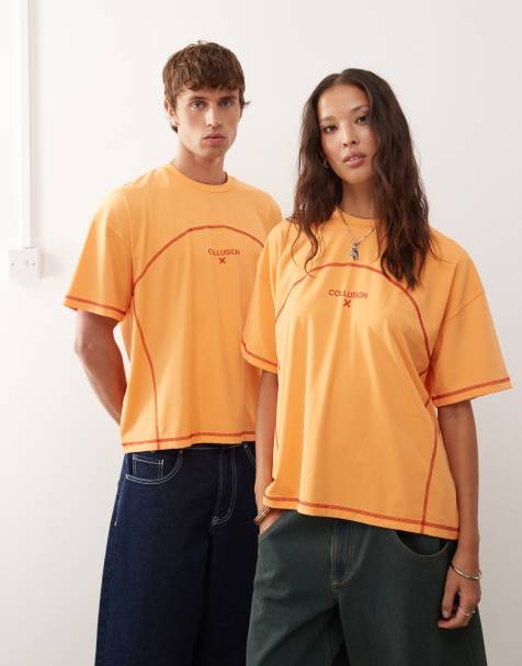 COLLUSION Unisex orange t-shirt with contrast stitch in sports fabric - view 1