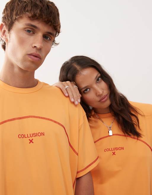 COLLUSION Unisex orange t-shirt with contrast stitch in sports fabric, 2 of 4