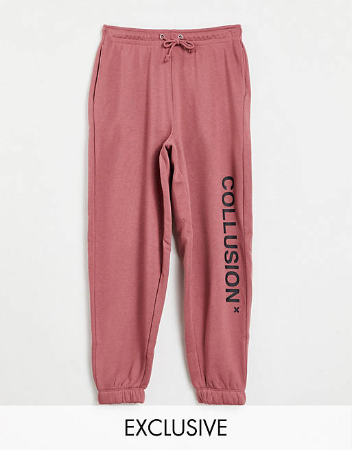 COLLUSION Unisex cotton logo joggers in dusty pink - PINK