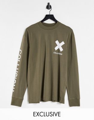 COLLUSION Unisex cotton long sleeve logo t-shirt in khaki - MGREEN