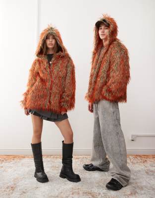 Collusion Unisex overhead faux fur coat in orange