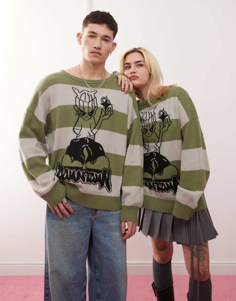 COLLUSION Unisex – Oversize-Pullover mit Streifen in Grün und Grafik - view 1