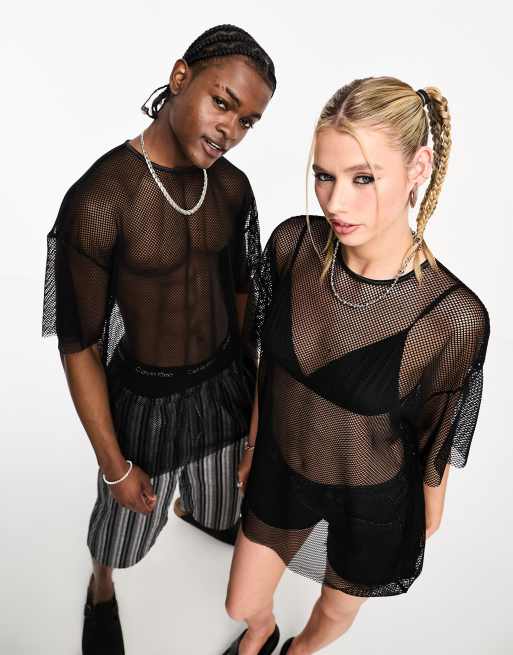 COLLUSION Unisex – Oversize-T-Shirt aus Netzstoff im Fischnetz-Look in Schwarz 
