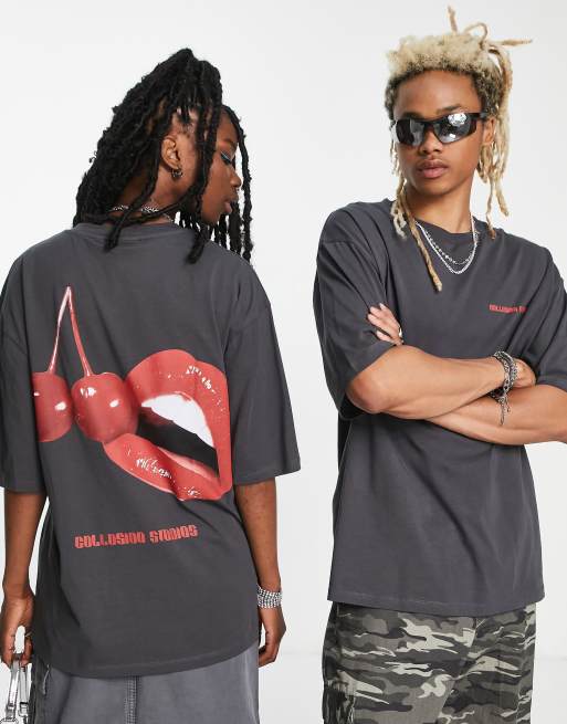 COLLUSION Unisex – Oversize-T-Shirt in Anthrazit mit Kirschprint