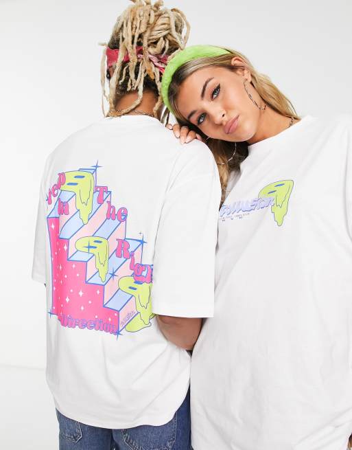 COLLUSION Unisex – Oversize-T-Shirt in Weiß mit Neon-Print