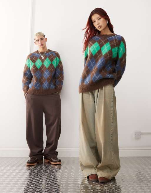 COLLUSION unisex oversized argyle fluffy jumper in brown, 2 of 4