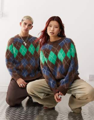 unisex oversized argyle fluffy sweater in brown