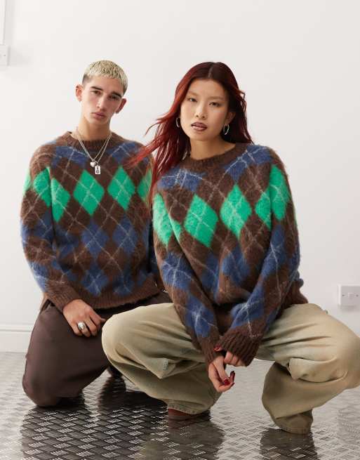 COLLUSION unisex oversized argyle fluffy sweater in brown
