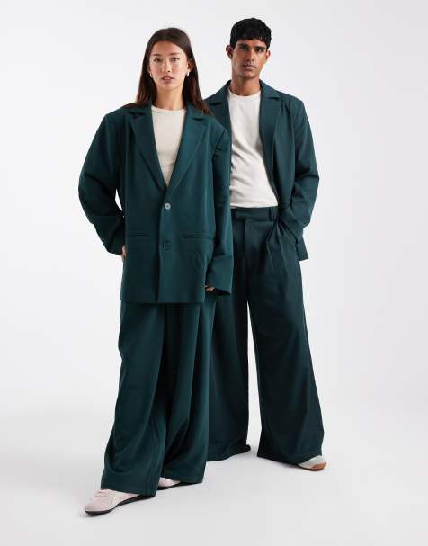 COLLUSION Unisex oversized blazer and wide leg pants set in teal - view 1