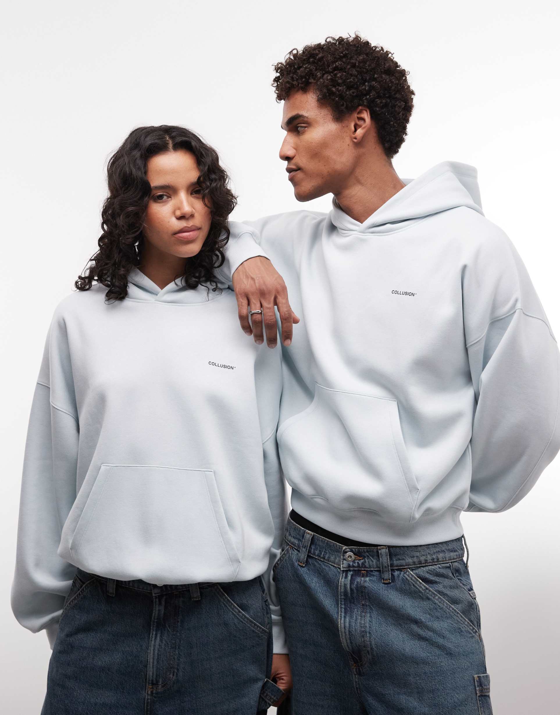collusion unisex oversized boxy logo hoodie in baby blue