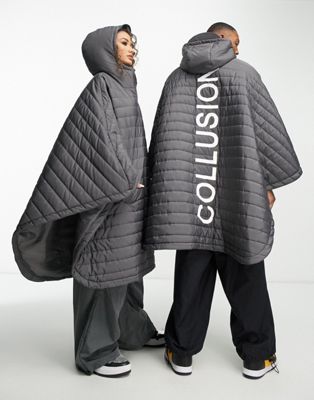 COLLUSION Unisex oversized branded quilted poncho in gray