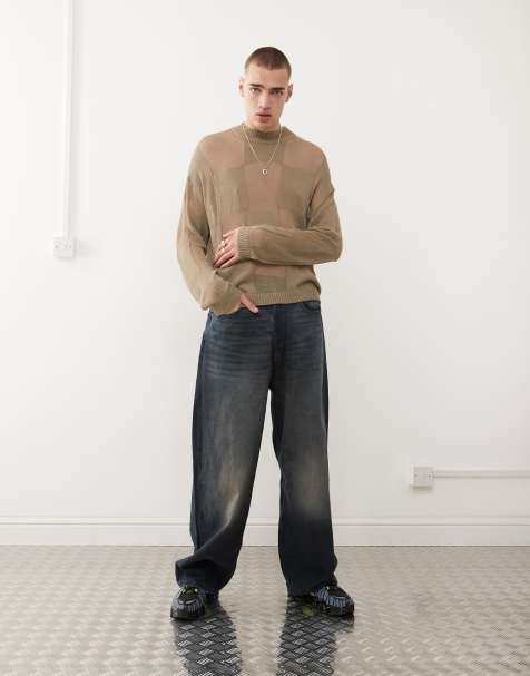 COLLUSION Unisex oversized checkerboard knitted jumper in khaki - view 1