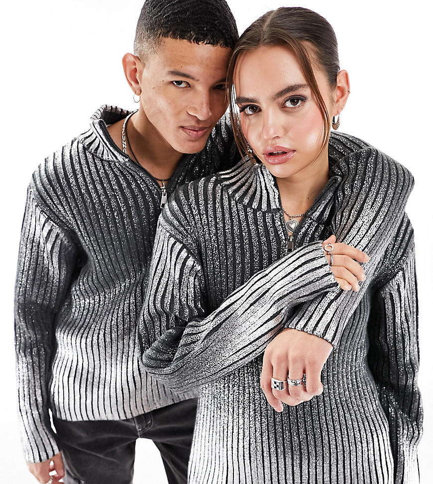 COLLUSION Unisex oversized chunky metallic zip-through jumper in silver