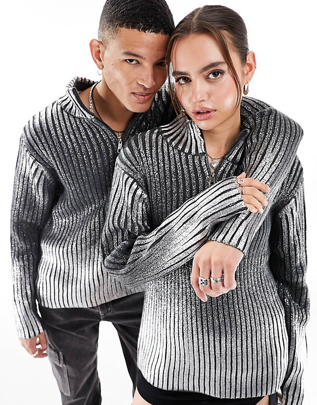 Collusion - unisex oversized chunky metallic zip-through jumper in silver