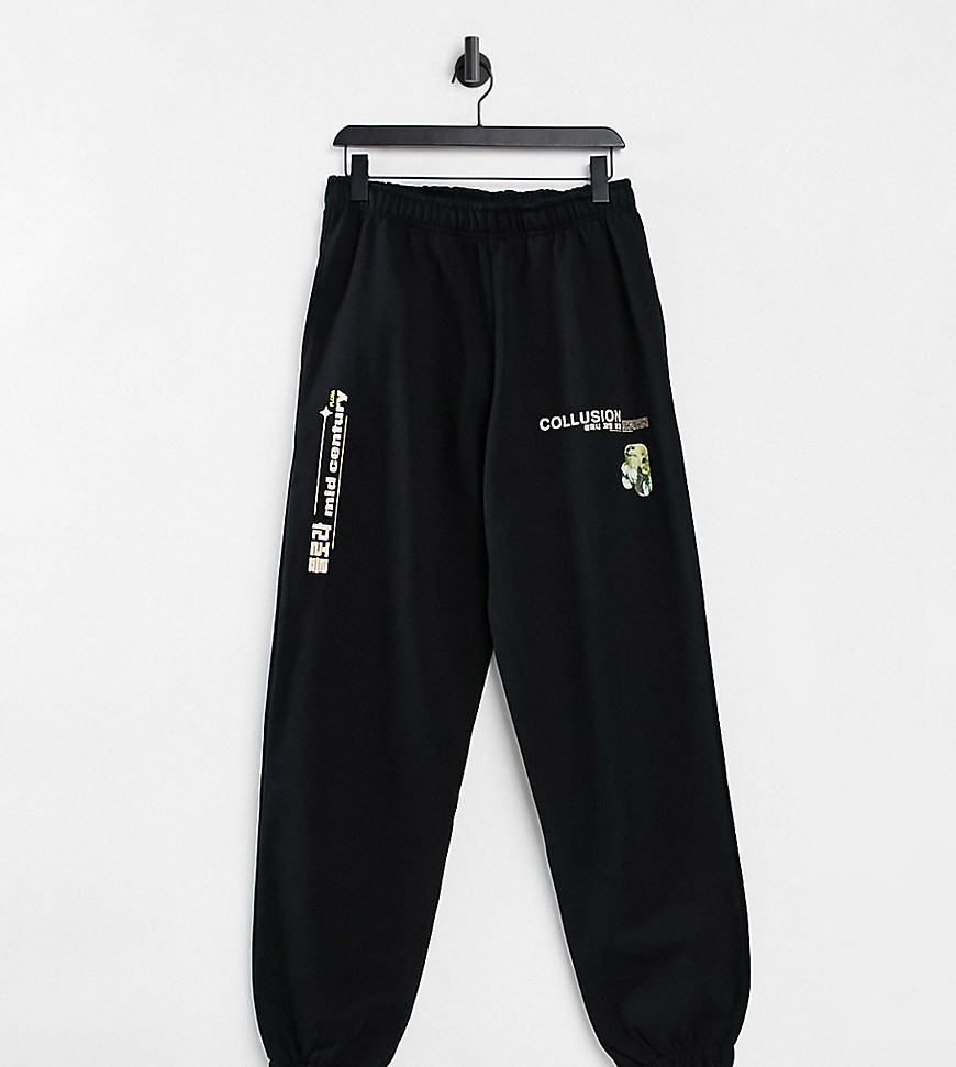 COLLUSION Unisex oversized coordinating sweatpants with print in black