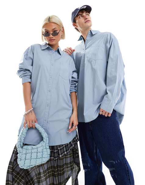 COLLUSION Unisex oversized cotton shirt in blue - view 1