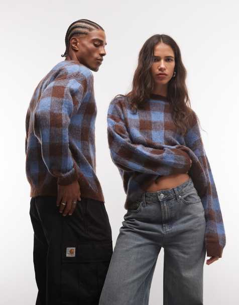COLLUSION Unisex oversized crew neck jumper in blue & brown check - view 1