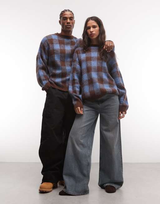 COLLUSION Unisex oversized crew neck sweater in blue & brown check, 2 of 4