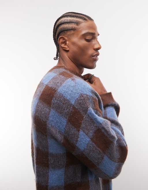 COLLUSION Unisex oversized crew neck sweater in blue & brown check, 3 of 4