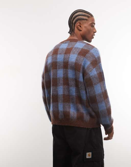 COLLUSION Unisex oversized crew neck sweater in blue & brown check, 4 of 4