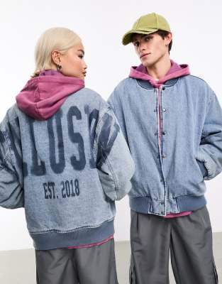 Collusion Unisex Oversized Denim Bomber Jacket With Branding In Blue