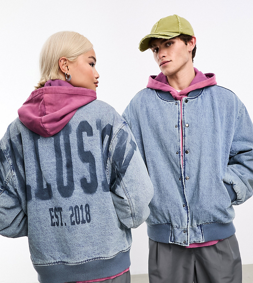 COLLUSION Unisex oversized denim bomber with branding in blue