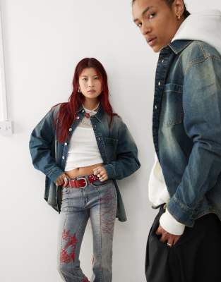 unisex oversized denim shacket in midwash blue